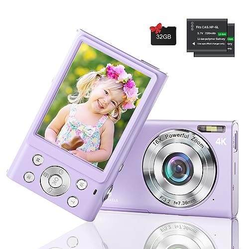 Kids Digital Camera 4K 48MP Camera for Kids with 32GB Card 2.8 Inch Screen Autofocus Function Point and Shoot Camera for Girls Boys Beginners, 2 Batteries (Purple)