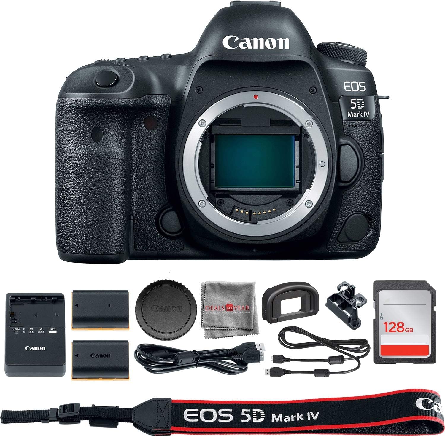 Canon EOS 5D Mark IV DSLR Camera (Body Only)(1483C002) + 128GB SDXC Card + Extra Battery + SD Card Reader & Deals All Year Premium Accessory Bundle