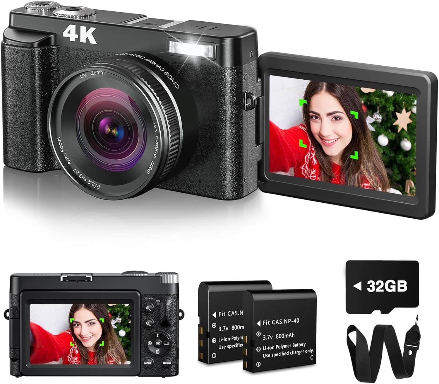 4K Digital Camera for Photography with 32GB Card Autofocus, 48MP Vlogging Camera for YouTube with Flash, Anti-Shake, 16x Zoom, 3'' 180° Flip Screen Compact Travel Camera for Teens Adults