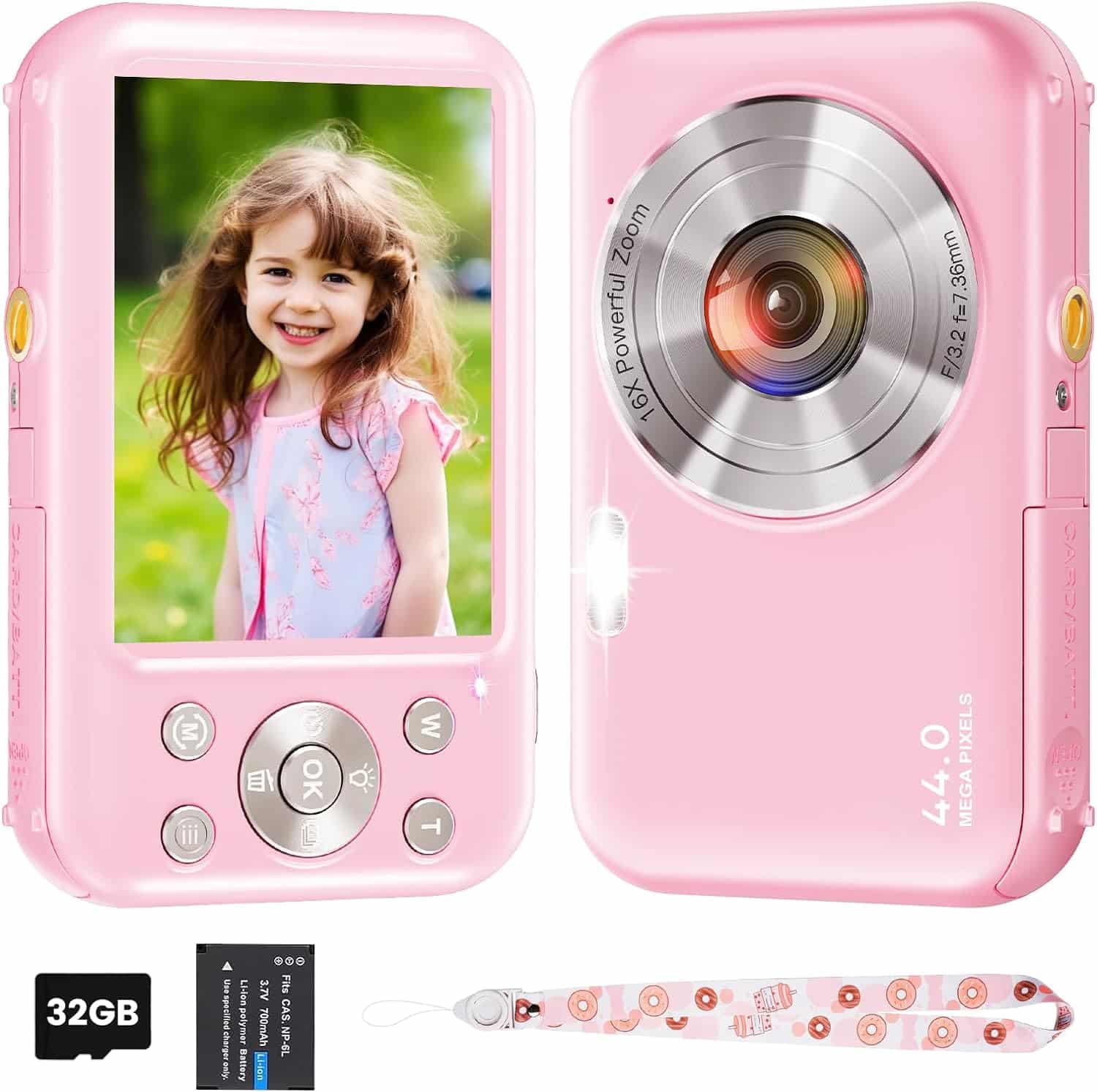 Digital Camera, Kids Camera with 32GB Card, FHD 1080P 44MP Vlogging Camera, 16X Zoom Point and Shoot Digital Camera Compact Portable Rechargeable Cameras for Teens Boys Girls Students Seniors(Pink)