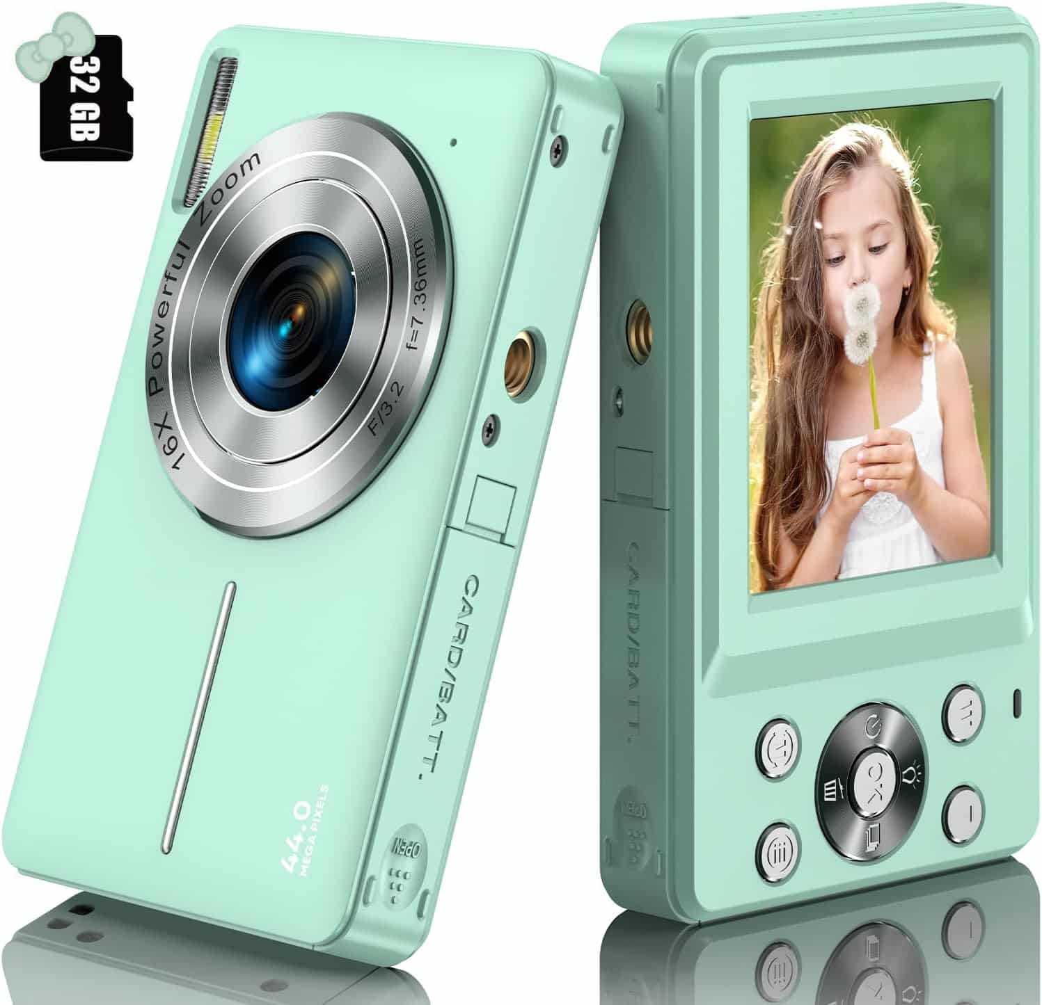 Digital Camera, Kids Camera FHD 1080P 44MP Compact Digital Camera with 32GB SD Card Small Vlogging Camera 16X Digital Zoom, Mini Point and Shoot Camera Gift for Kids Boys Girls Teens Students (Green)